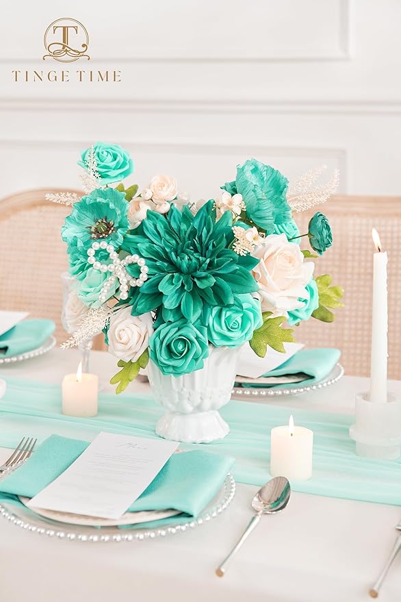 TINGE TIME Artificial Flowers Combo Mix Silk Flowers Teal Green Roses w/stem for DIY Wedding Bridal Bouquets Baby Shower Floral Arrangement Table Centerpieces Home Decorations (Deep Teal Green)