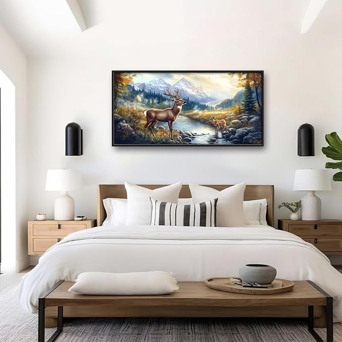 Elk Deer Large Wall Art Framed Farmhouse Wall Decor for Living Room Rustic Cabin Pictures Oversized Canvas Print Painting Modern Extra Large Framed Artwork for Bedroom Office 60"x30"
