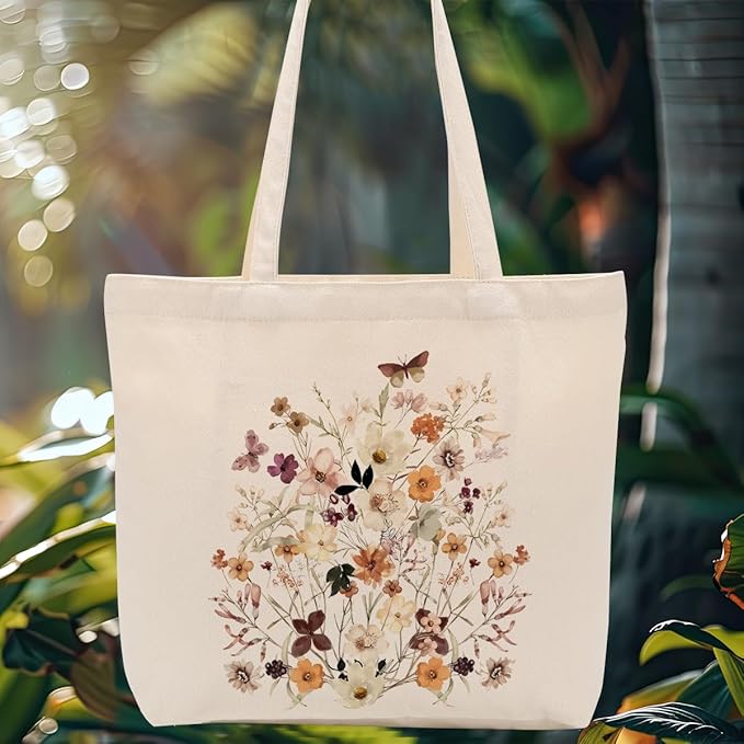 Aesthetic Floral Canvas Tote Bag for Women with Pocket, Tote Bags for Grocery Shopping Travel Christmas Birthday