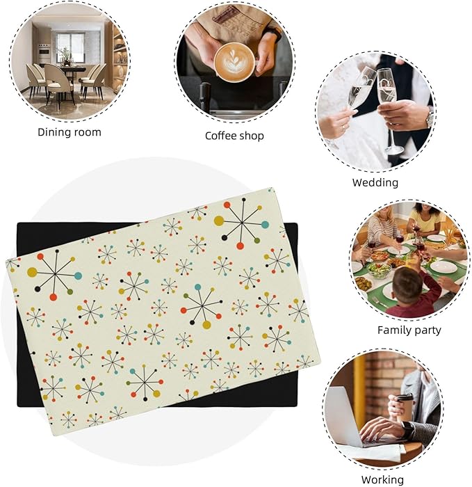 Mid Century Retro Placemats Set of 4 Yellow Kitchen Table Mats for Dining Farmhouse Holiday Home Decor,Linen Washable Place Mats 12x18 4 PCS, Style-18