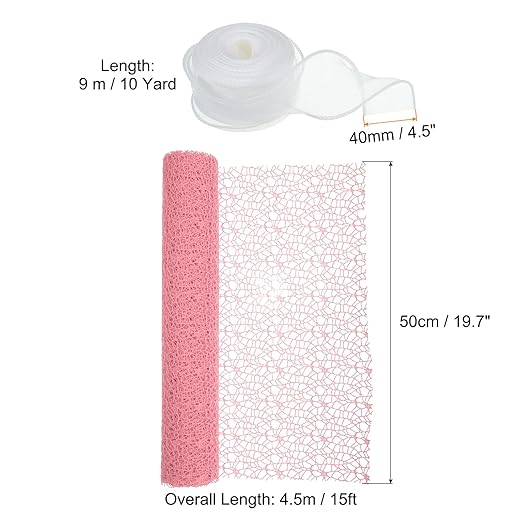 PATIKIL Flower Wrapping Mesh Paper, 15ft Floral Bouquet Craft Packaging Hollow Net Yarn with Ribbon for Flowers Gift Packaging, Pink