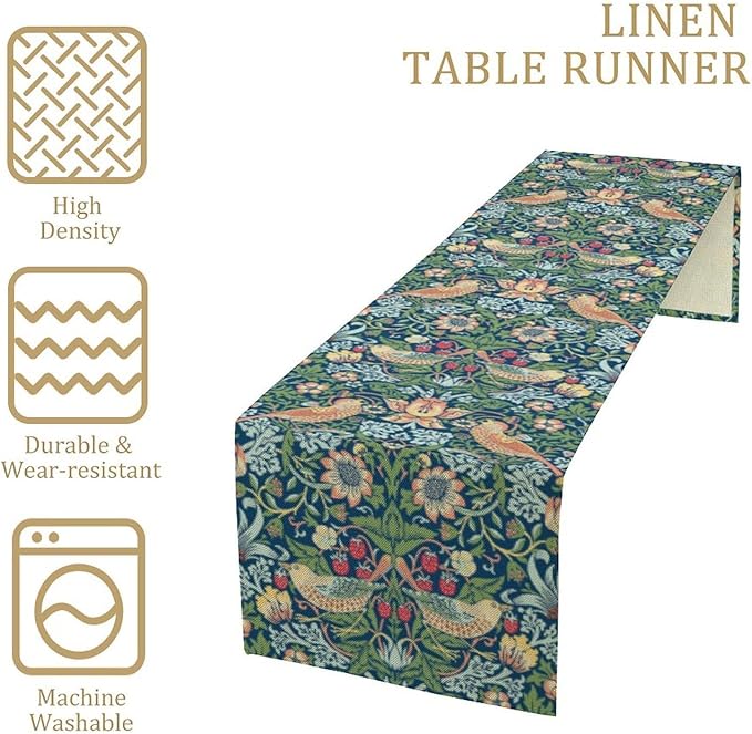 William Morris Floral Table Runner, Vintage Green Flowers Botanical Printed Table Runner for Home Kitchen Dining Table Decoration,13x60 Inch