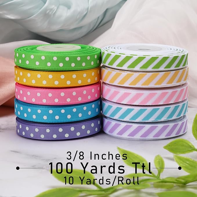 LaRibbons 3/8 Inch 100 Yards Grosgrain Ribbon Set 10 Yd/Roll 10 Rolls Striped and Polka Dot Spring Easter Craft Ribbon for Gift Wrapping Floral Bouquets Wedding Party Decoration
