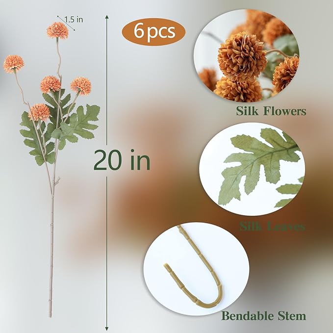 mizii 6Pcs Orange Fake Silk Pompon Mum Artificial Flowers Bulk Small Faux Chrysanthemums with Stems Floral Decorations for Wedding DIY Bouquet Centerpieces Shower Vase Home Decor (Burnt Orange)