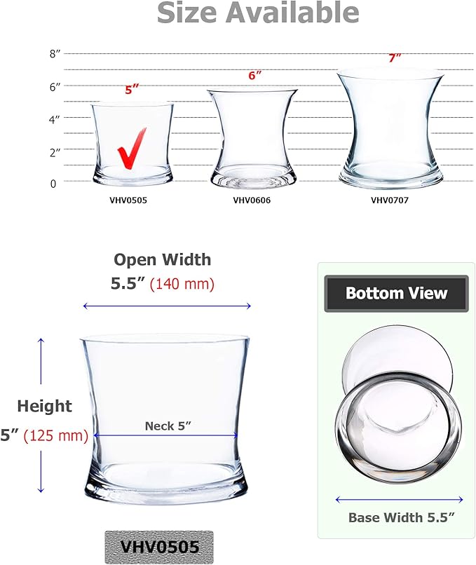 WGV Unique Bouquet Vase, 5.5" W, 5" H, Clear Short Hurricane Concaved Gathering Glass Floral Candle Holder, Home Wedding Event Decor, 1 Piece (VHV0505)