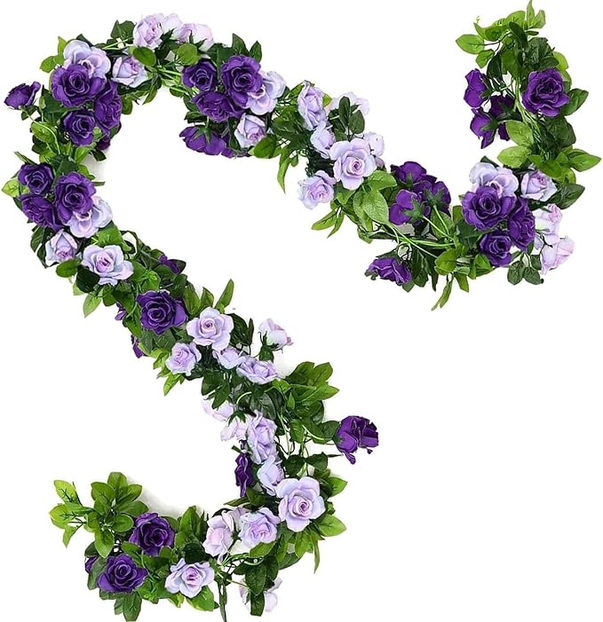 JUSTOYOU 2 Pack (15.8FT) Fake Rose Garland, Artificial Roses Vines Flower Garland Hanging Floral Vine Wedding Home Backdrop Party Arch Arrangement Decoration