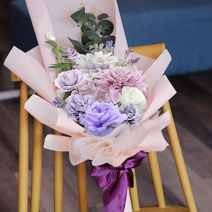 Artificial Flowers Combo Box, Fake Silk Foam Flower Mix with Wire Stem, DIY Wedding Bridal Bouquet Shower Party Home Décor (30-40 Pieces) (Purple)