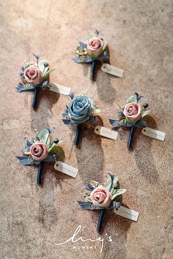 Ling's moment Boutonniere for Men, 6pcs Groom Groomsmen Boutonniere, Artificial Flowers for Wedding Decor/Prom/Homecoming, etc.Navy Blue & Pink