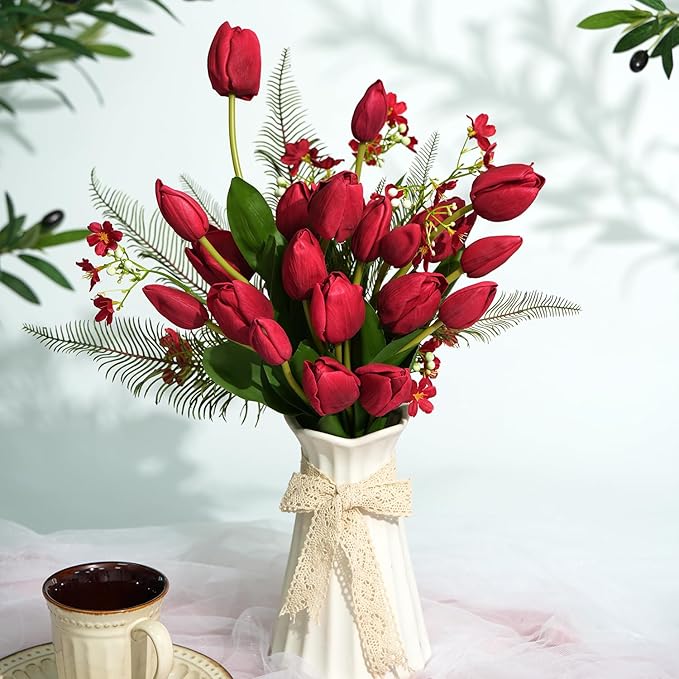 Real Touch Artificial Tulips, 20pcs Fake Tulip Flowers Stem, PU Faux Tulips 19.7” for Mother's Day, Home Decor, Wedding, Easter Valentine's Gift, Table Centerpiece, Floral Arrangements, Red