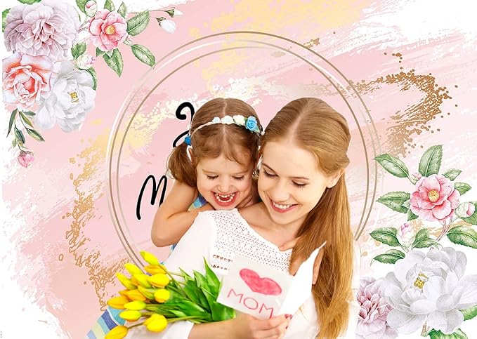 7x5ft Happy Mother's Day Backdrop Love Heart Photography Background Floral Mothers Day Birthday Photography Background for Mother's Day Photo Booth Props
