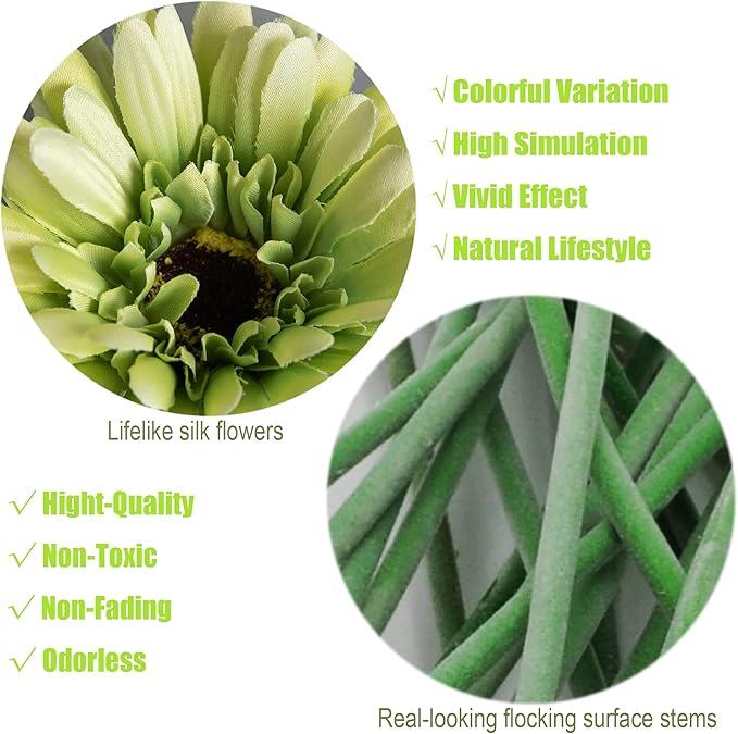 12pcs Artificial Gerbera Daisies,22 Inch Long Stem Silk Daisy Flowers,Realistic Artificial Flower Mums for Home Décor Centerpiece Wreath Supplies Wedding Bouquet,Green
