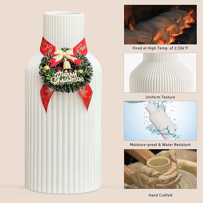 Pure White Ceramic Flower Vase for Christmas, Minimalist Modern Home Decor, Matte Finish Pampas Grass Vase for Table, Fireplace, Shelf, Mantel, Entryway and Centerpieces
