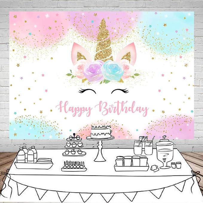 Mocsicka Unicorn Birthday Decorations Unicorn Backdrop for Girls Birthday Party 10x7ft Pastel Rainbow Unicorn Glitter Stars Dots Happy Birthday Banner Photo Booth Props
