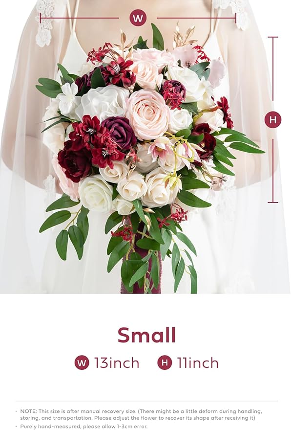 Ling's moment Burgundy Bridal Bouquet for Bride, 13 Inch Romantic Marsala Wedding Bouquets for Bride, Silk Round Artificial Wedding Flowers Bouquets