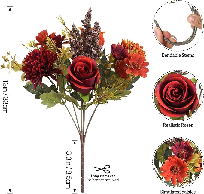 Dremisland Artificial Flowers Like Real Artificial Bouquet 2 Packs Silk Artificial Roses Bouquet with Daisy Chrysanthemum Pink Flowers for Centerpiece Table Wedding Party Home Decor