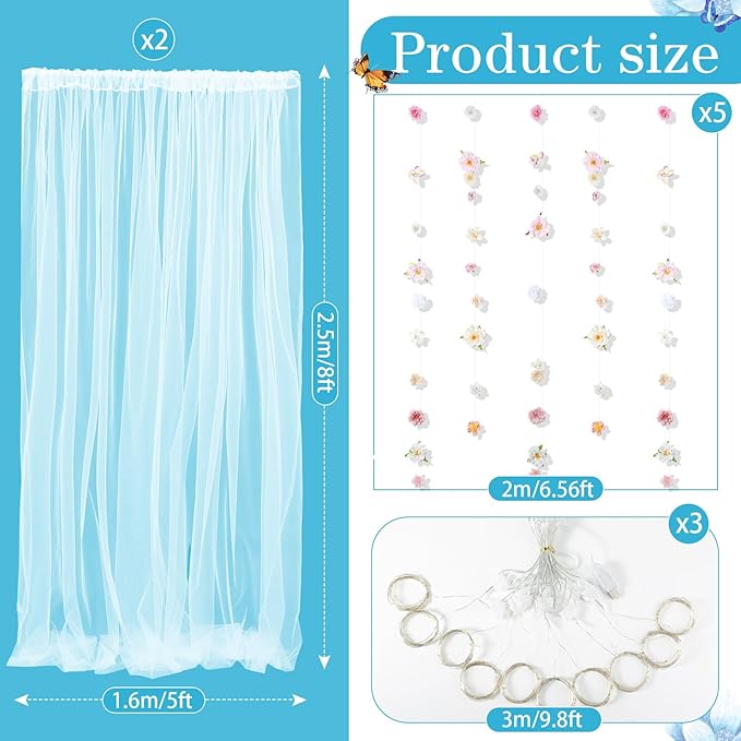 8 Pcs Hanging Flower Garlands White Tulle Backdrop Curtain 10×8ft Sheer Backdrop Curtains Artificial Rose Flowers Hanging Decorations for Birthday Valentines Engagement Wedding Anniversary