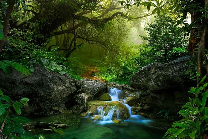 Primitive Forest Waterfall Wallpaper, Modern Large Background Wall Mural for Living Room and Plant Room(Non-self-Adhesive)