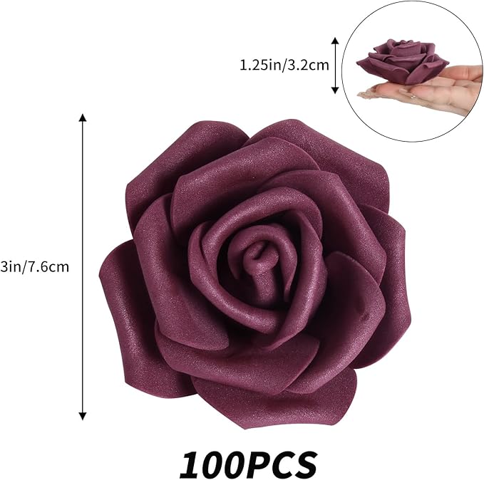 IPOPU Foam Roses Artificial Flowers,100Pcs Stemless Plum Foam Fake Roses Heads 3inch Faux Flower for DIY Crafts, Wall Decorations, Wedding Centerpieces Bouquets, Bridal Shower, Party Home Decor(Plum)