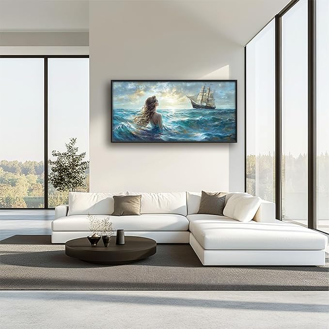 Mermaid Large Wall Art Ocean Mermaid Boat Pictures Wall Decor Nautical Canvas Seascape Print Painting Modern Artwork Home Decoration for Living Room Bathroom Bedroom Office Framed 60"x30"