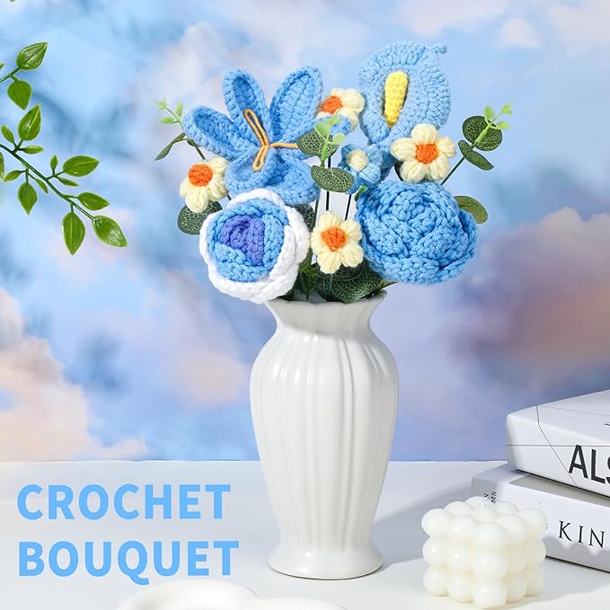 Crochet Flowers Bouquet, Handmade Crochet Flowers Knitted Bouquet, Tulips Flower Bouquet and Calla Lily for Birthday, Gifts for Women, Valentines (Blue)