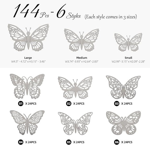 144 Pcs 3D Butterfly Wall Stickers Decor 6 Styles 3 Sizes, Silver Removable Butterfly Decals Room Wall Decor for Kids Nursery Classroom, Wedding, Party, Baby Shower