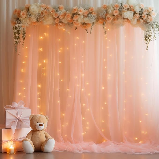 30ft x 10ft Peach Backdrop Curtain with Lights String for Parties, Sheer Tulle Wedding Photo Backdrops Drapes for Baby Shower Birthday Party Decorations Background for Photography