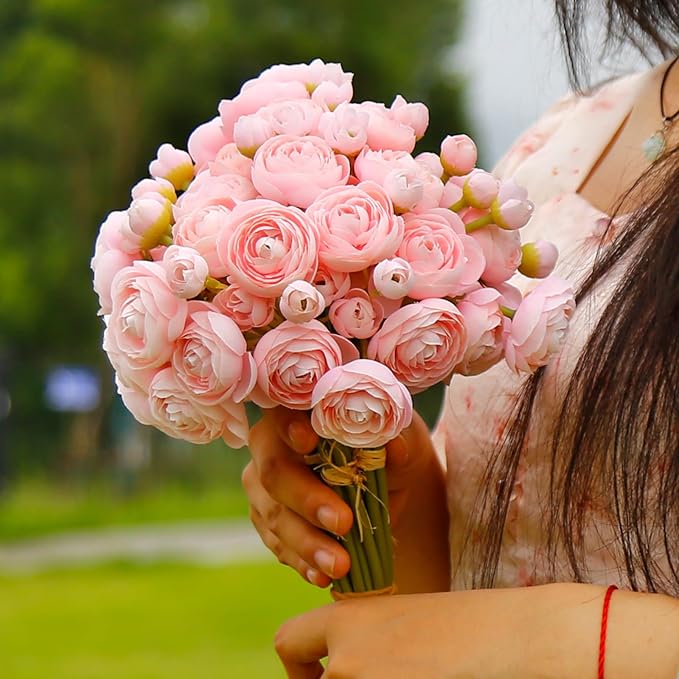 24 Pcs Ranunculus Artificial Flowers 10.5", Mini Faux Silk Ranunculus with Stem, Fake Flowers for Home Decor Indoor Wedding Bouquets Centerpieces (Blush Pink)