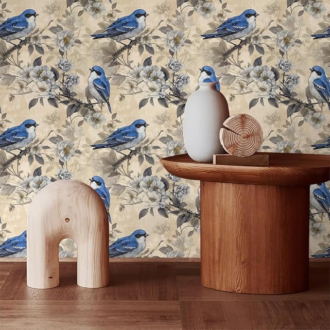 Vintage White Cherry Flowers Blue Birds Peel and Stick Wallpaper Easy Peel Off Contact Paper Stick on Adhesive Wall Paper for Bathroom Waterproof Renter Friendly
