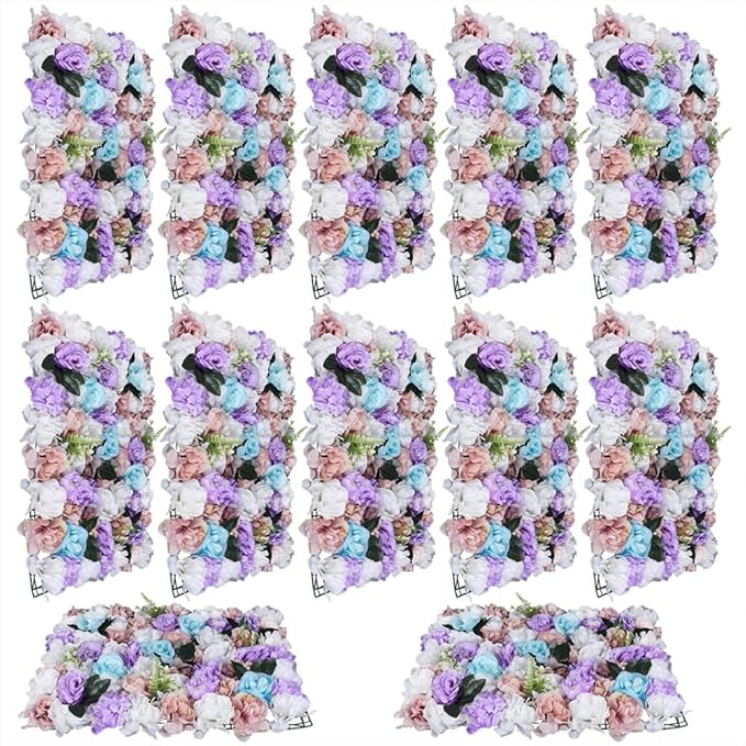 12 Pcs Artificial Flower Wall Panels 60x40cm 3D Flower Background for Wall, Wedding Flower Decorations Wall Silk Rose Panels for Candy Wall, Photo Areas, Stage Background Wall(Dahlia + Rose + Leaf)