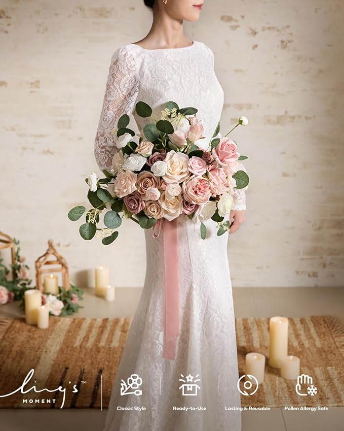 Ling's moment Pink Wedding Bouquets for Bride, Dusty Rose Bridal Bouquets for Bride, 15 Inch Free Form Artificial Wedding Flowers Bouquets