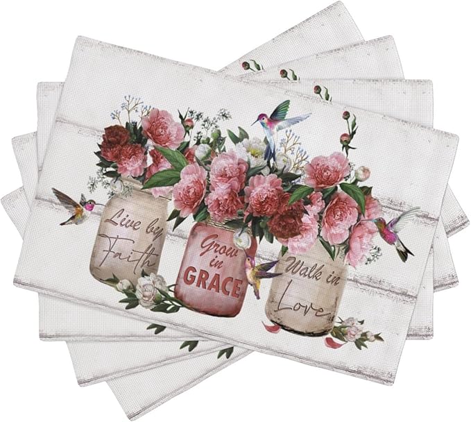 Rose Flower Placemats Set of 4 Farmhouse Peony Floral Table Mats Washable Place mats for Home Party Indoor Kitchen Dining Table Decoration 12x18 Inch