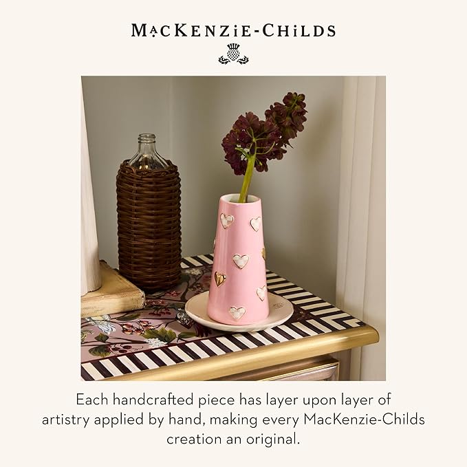 MACKENZIE-CHILDS Ceramic Heart Vase, Unique Flower-Vase Decor, Short, Pink-and-White Rosy Check