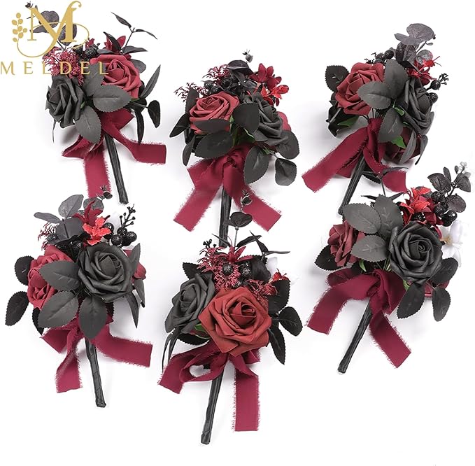 Meldel Wedding Flowers Fake Rose Mini Bridesmaid Bride Bouquets Black Burgundy Set of 6 Small Floral Wedding Centerpieces Decor Artificial Flower Arrangements for Tables Home Party Decorations