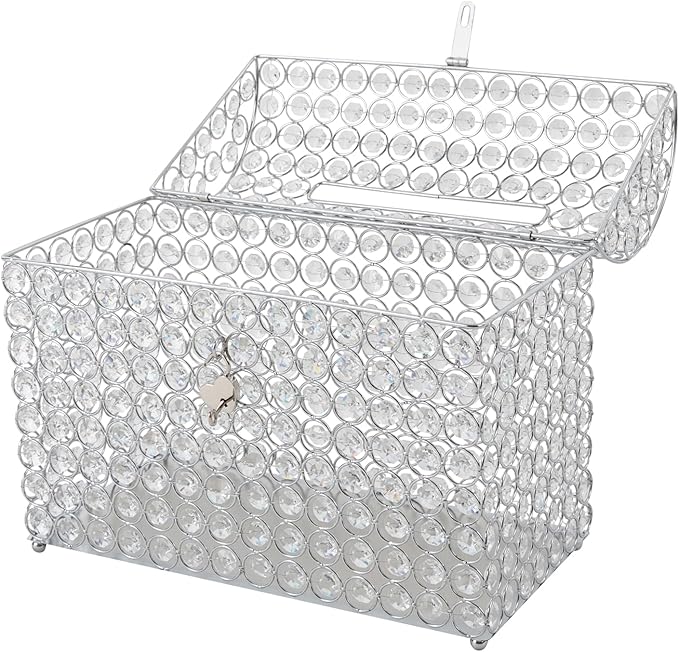 Crystal Wedding Card Box With Heart Lock Silver Treasure Chest Money Card Box Gift Decorative Memory Box for Wedding Birthday Graduation Party Decoration