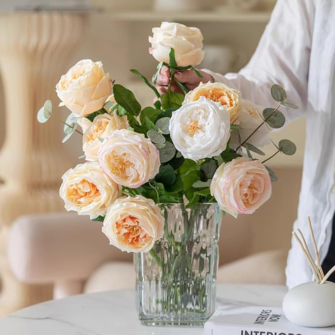 Fake Flowers for Decoration Home Decor Real Touch Artificial Flowers Austin Rose Peony Latex Fake Flower Living Room Decoration Vivid Pink Roses Peonies (Champagne 4pcs)