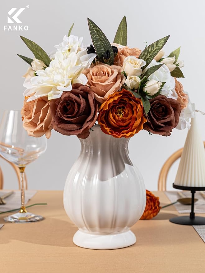 FANKO Artificial Flowers Brown Rose, Mixed Fake Silk Flowers Combo Cream White Rose White Dahlia Orange Ranunculus Vintage Style for DIY Wedding Bridal Bouquets, Home Decor