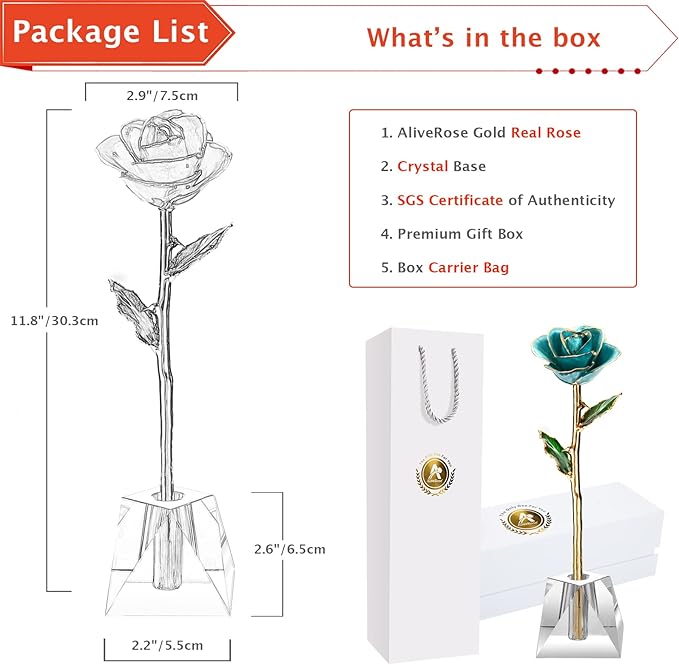 AliveRose Gold Rose,24k Gold Real Rose Gift for her, Long Stem Rose Made from Real Gold Rose for Anniversary Valentines Mothers Day Birthday (Teal Blue with Crystal Vase)