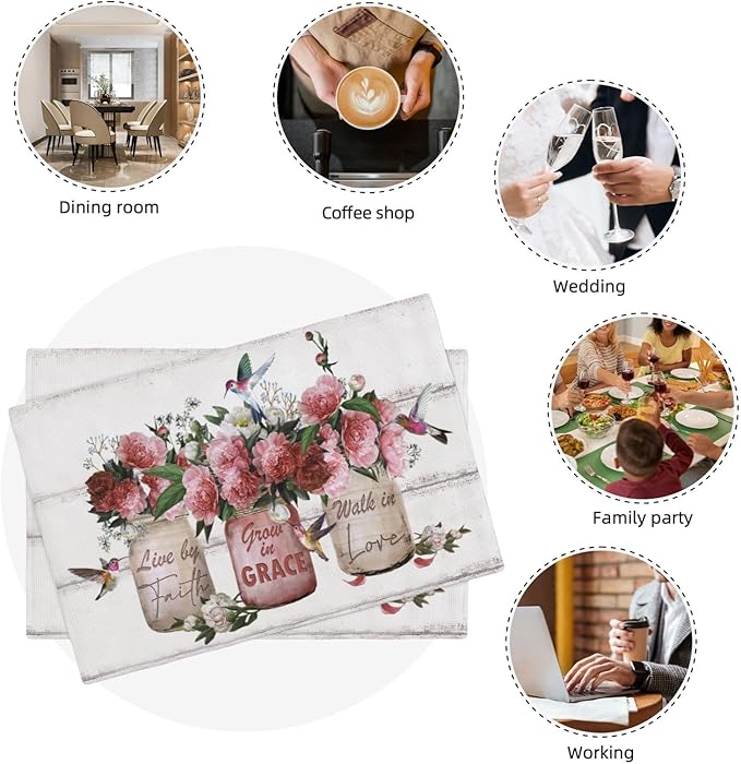 Rose Flower Placemats Set of 6 Farmhouse Peony Floral Table Mats Washable Place mats for Home Party Indoor Kitchen Dining Table Decoration 12x18 Inch