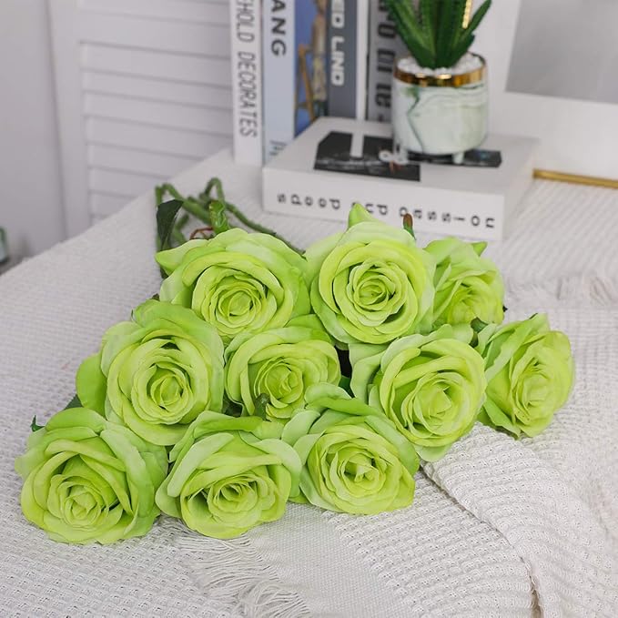 Nubry Artificial Silk Rose Flower Bouquet Lifelike Fake Rose for Wedding Home Party Decoration Event Gift 10pcs (Green)