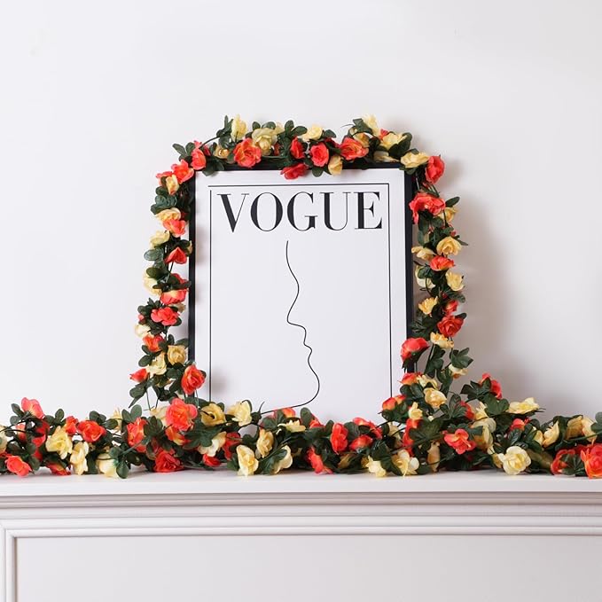 5 Pcs 41FT Flower Garland, Artificial Rose Garland Flowers Plants Fake Flower Hanging Rose Ivy, Birthday Party Valentine's Day Wedding Wall Arch Decor（Orange）