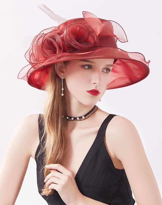 Organza Derby Hats for Women Wide Brim Fascinator Hat Rose Flower Wedding Tea Party Hat