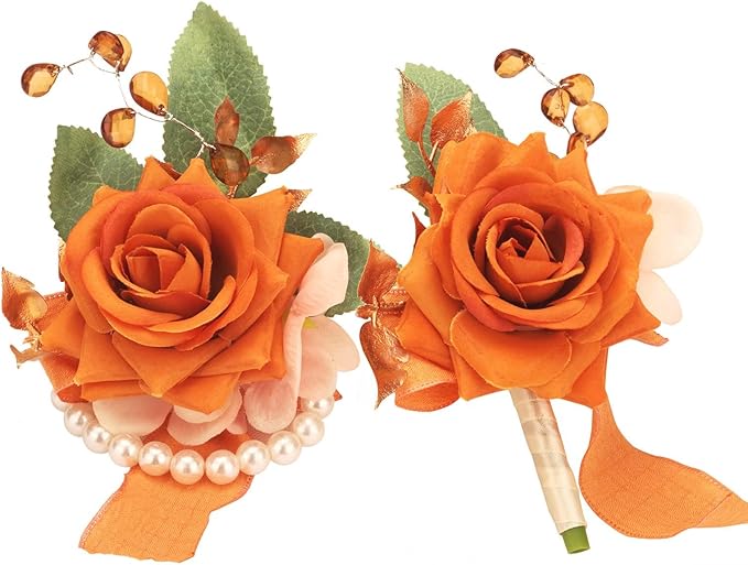 Weslymoo Burnt Orange Rose Wrist Corsage and Boutonniere Set Artificial Prom Flower Corsage Wristlet Band Bracelet and Boutonniere for Men Wedding Accessories Prom Stuff Decorations