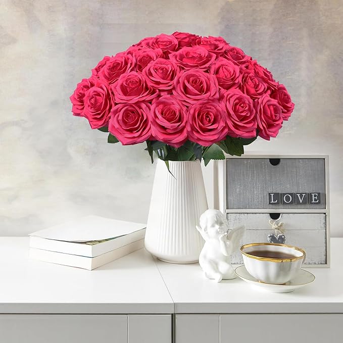 50pcs Artificial Rose Flower Hot Pink Rose Flower with Long Stem Silk Roses Bouquet for Wedding Bridal Shower Party Home Decoration