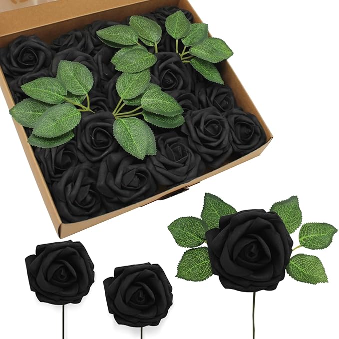 JOYLEX Artificial Flowers Realistic Roses, Real Looking Fake Roses with Stem for DIY Wedding Bouquets Centerpieces Bridal Shower Party Home Romantic Decorations (Black, Regular 3" - 200pcs)