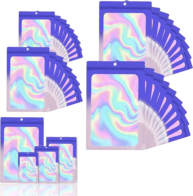 400 Pack 4 Size Bags with Clear Window,Scratch Resistant Hand Holographic Packaging Pouch,Resealable Bag for Small Bussiness Cookies Jewelry Candy Sample (Blue Purple, 2.4×3.9,3x4.7,4×7,5.5×7.9 inch)