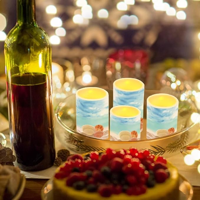 Flameless Candles with Remote Control, Set of 4, Color Changing Flickering Flameless LED Pillar Candles with Battery Operated, Beach Seashell Blue Decor