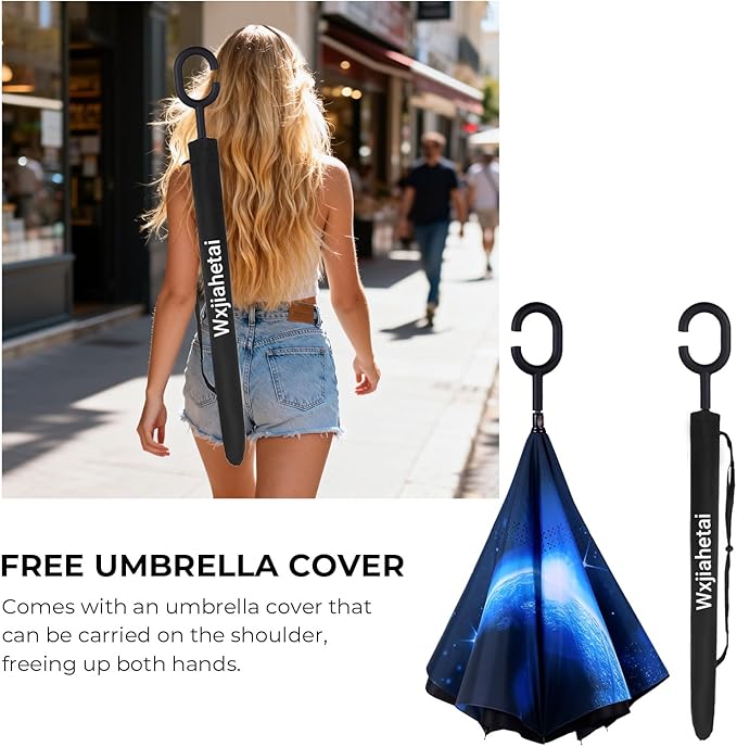 Inverted Umbrella, 49 Inch Double-Layer Vented Reverse Umbrella, Windproof Waterproof UV Protection, Lightweight C-Handle, Fiberglass Ribs, Steel Shaft, Travel/Commute/Car Use, With Sleeve