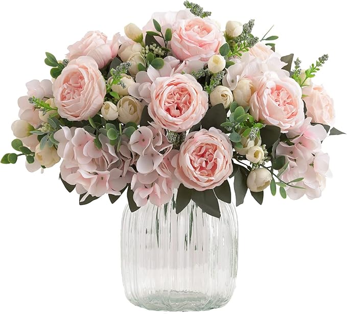 4 Bunches Artificial Flowers Pink Peonies for Decoration Silk Flowers Fake Roses Arrangements Plastic Table Centerpiece Faux Flores for Home Vase Living Room Decor