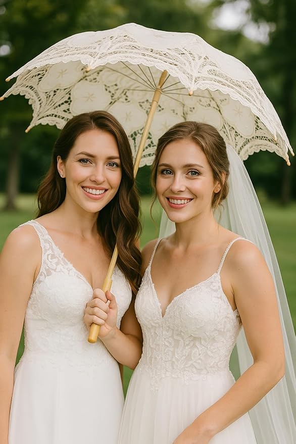 Lace Parasol Umbrella 32 Inch – Victorian Style Bridal Wedding Sunshade for Women, Lace Umbrella for Photoshoot, Tea Party, Costume, Outdoor Decoration