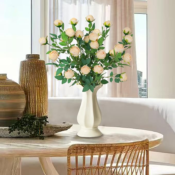 CHIAVE 8pcs 24 Flower Buds Artificial Vintage Roses Fake Silk Rose Flowers with Long Stem for DIY Bouquets Wedding Centerpiece Party Home Kitchen Shorp Decoration-Beige